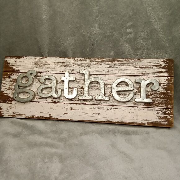 Gather Sign For Home Decor White Rustic Farmhouse Wood‎ w/ Metal Lettering - Picture 1 of 8